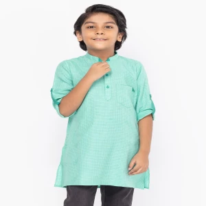 Turquoise Check Viscose-Cotton Panjabi